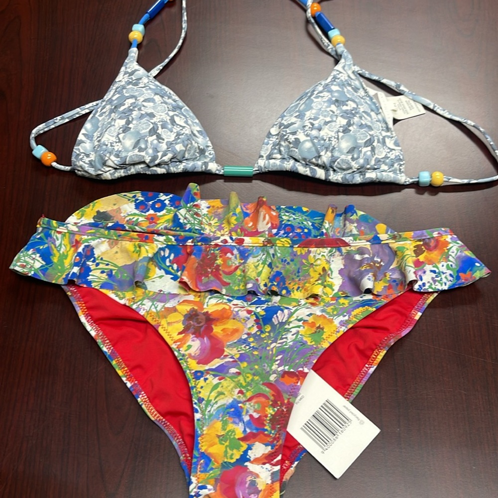 💦NWT Stella McCartney Padded Bikini Bra, Citrus Print With Colorful Beads